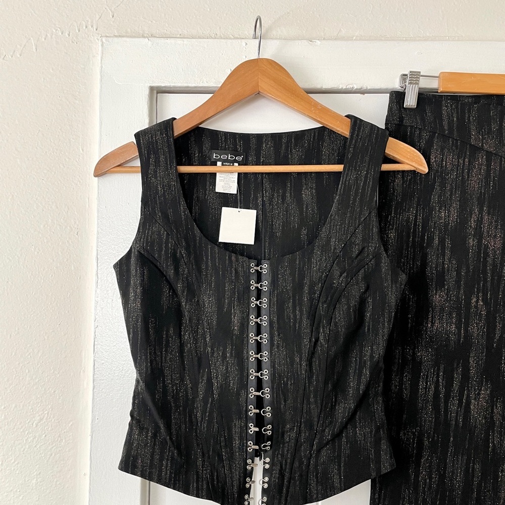 NWT bebe Black Metallic Vest+Boot-Cut Pants Set Coachella Festival Concert Sz S - Picture 2 of 10
